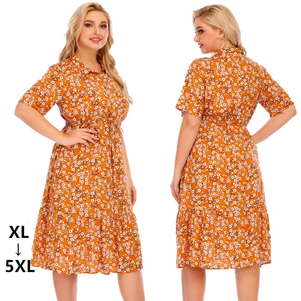 

New Summer Large Women's Short Sleeve Collar Printed Dress XL-5XL