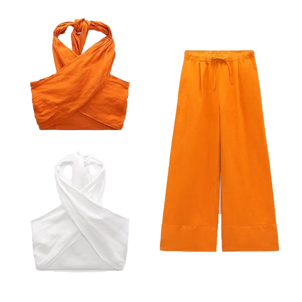 

Zach AiIsa Summer New Cross Design Straight Collar Short Shirt Slim Short Top + Versatile Casual Loose Tie Wide Leg Pants