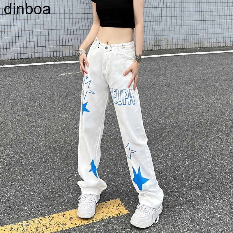 

Dinboa-2022 Blue Stars Pure White Jeans Female 2022 New Ins Trendy Loose High Waist Thin Straight Wide Leg Pants Casual Pants