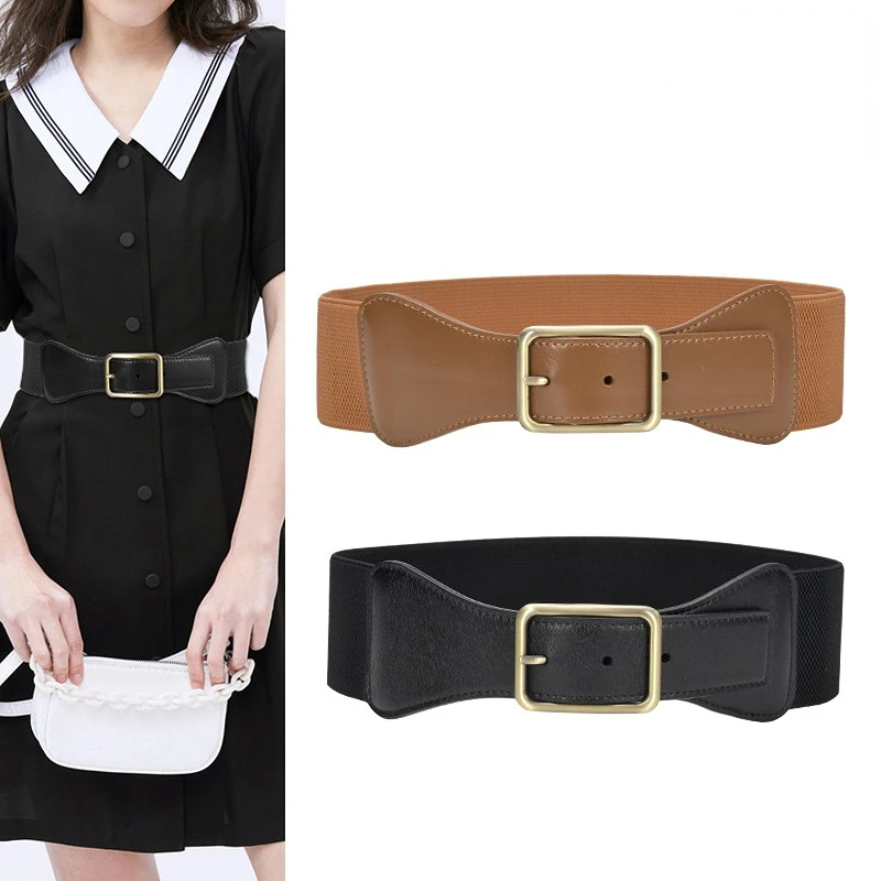 European and American Fashion Elastic Elastic Waistband Women's Retro Needle Button Decorative Down Jacket Skirt Wide Belt