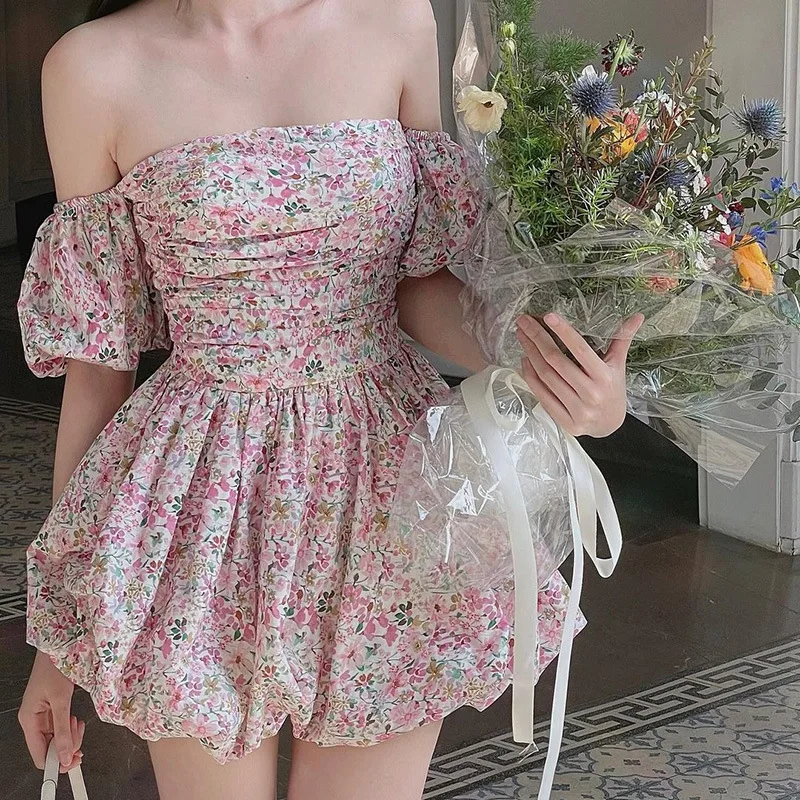 

Summer Puff Sleeve Dress Women Off Shoulder Slash Neck Sexy Slim Dresses Elegant Short A Line Dress Party Vestidos Print Floral