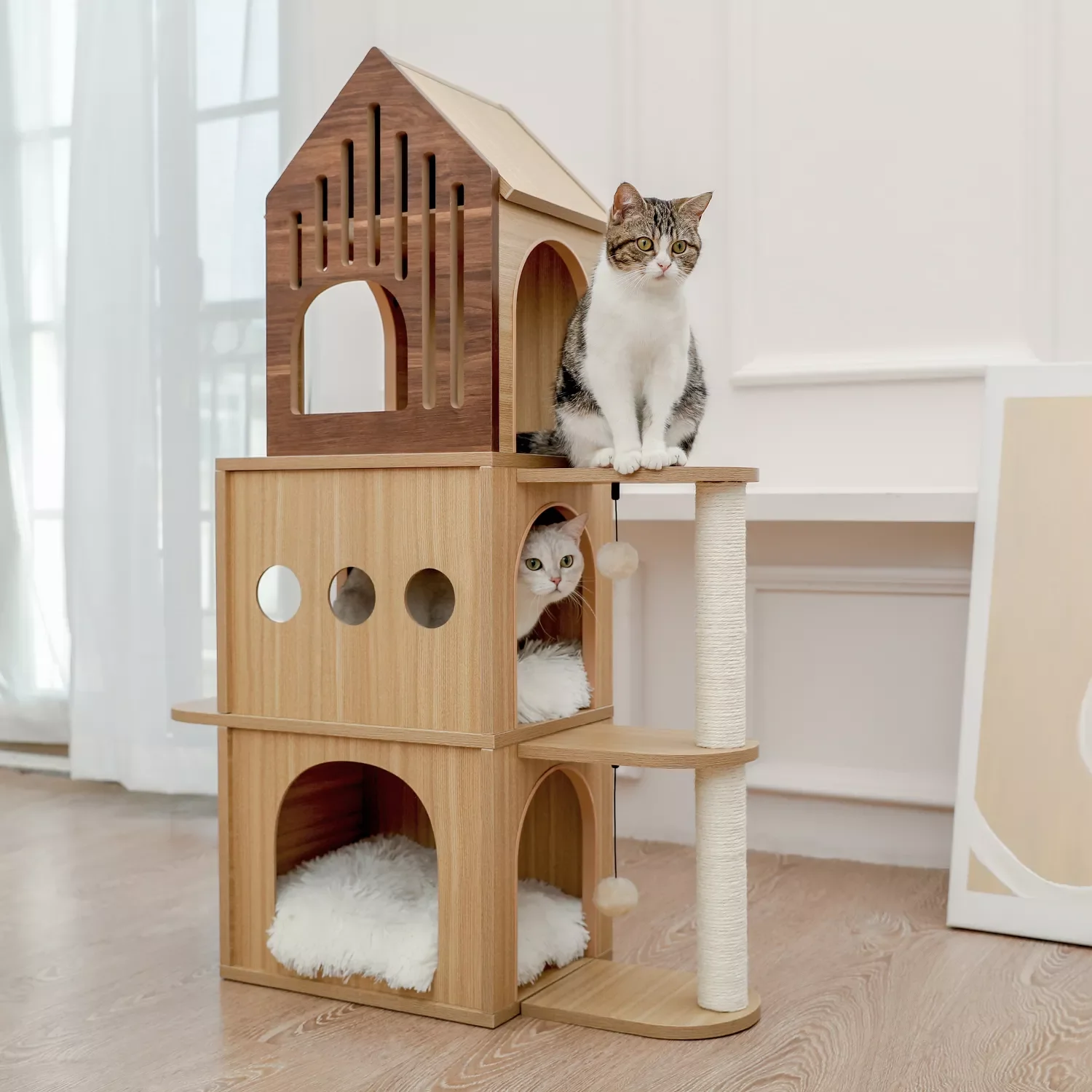 

New Freeshipping Cat Tree Big Space Elegant Scratcher Activity Cat Tree with Comfortable Condo Nest Hanging Balls