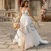 simple wedding dress for court spaghetti strap robe de mariee v neck bride vestido charming lace appliques sleeveless open back