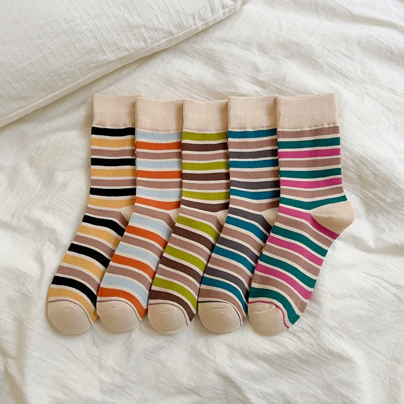 Korean Socks Women's Color Striped Sports Socks Street Trend All-match Mid-tube Retro Women's Socks
