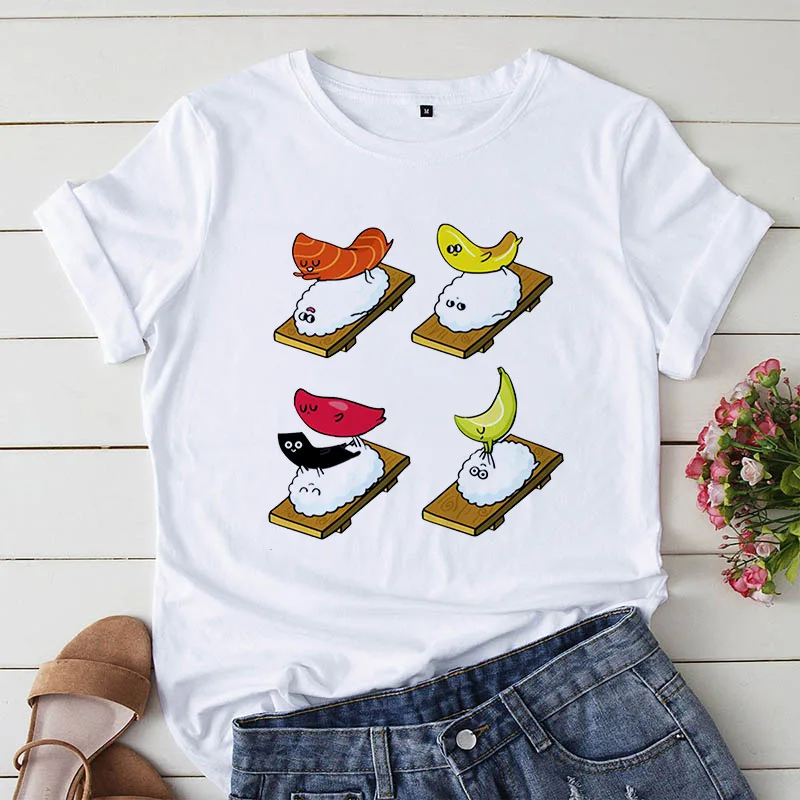 

Модные футболки с мультяшным принтом суши, женская футболка, женская рубашка, повседневные белые женские футболки, футболки в стиле Харадзю...