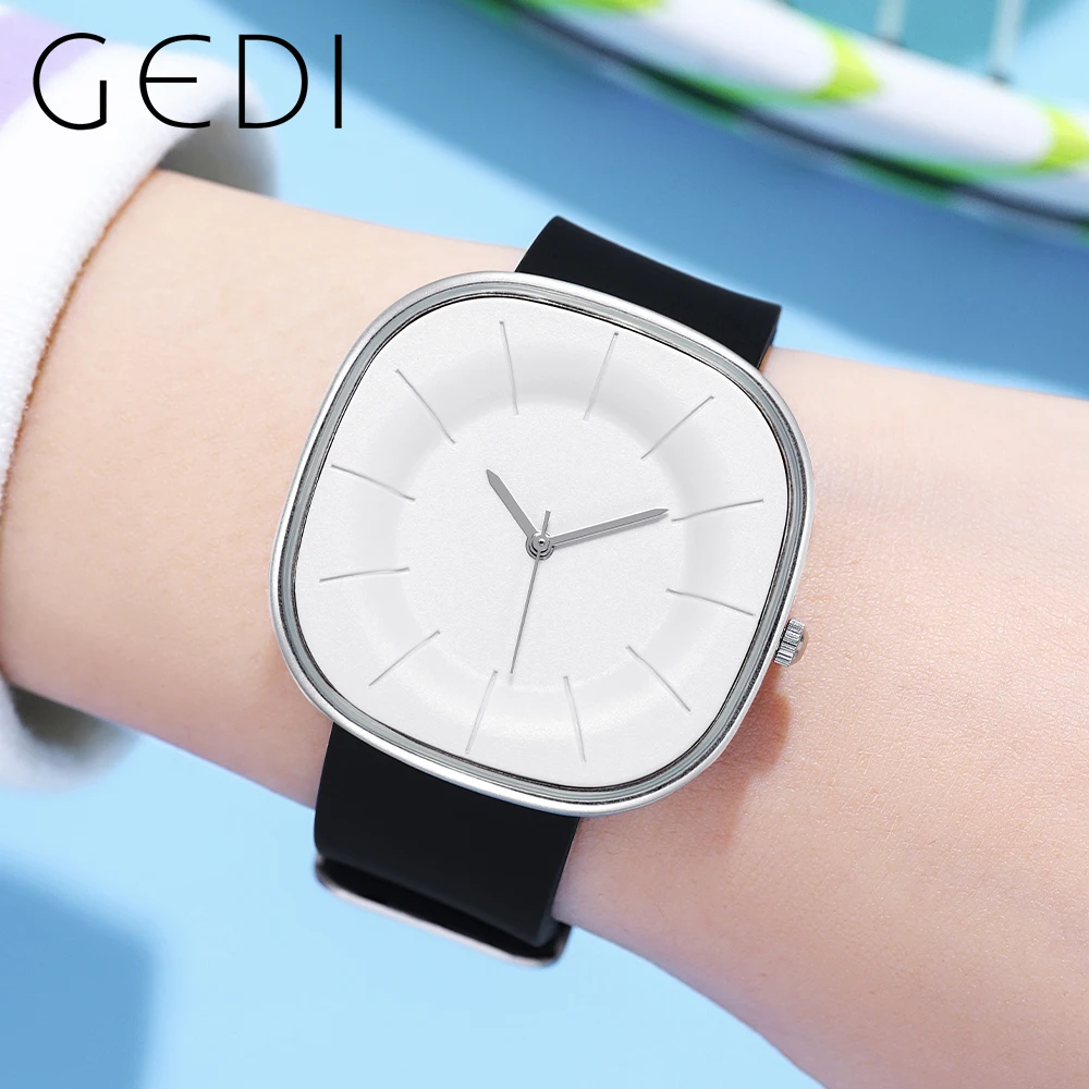 GEDI Fashion Minimalist Square Ladies Quartz Watches Simple 38mm Big Dial Silicone Strap Waterproof Sport Watch for Women Girls