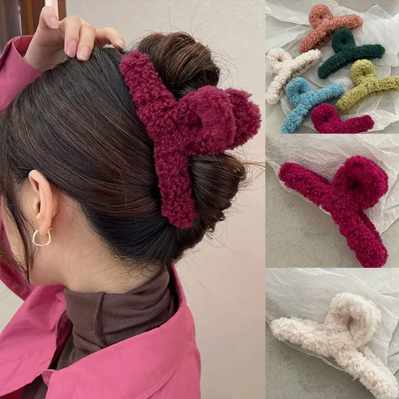 

Candy Color Plush Hair Claw Women Korean Temperament Winter Shark Clip Fashion Large Size Hairpins Headdress Hair Accessory