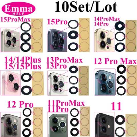 Emmahelp 10 шт. A+ Стекло задней камеры для iPhone 11 12 13 14 15 Pro Max 13Mini XR XS 14Plus Крышка задней камеры Объектив 3M Наклейка