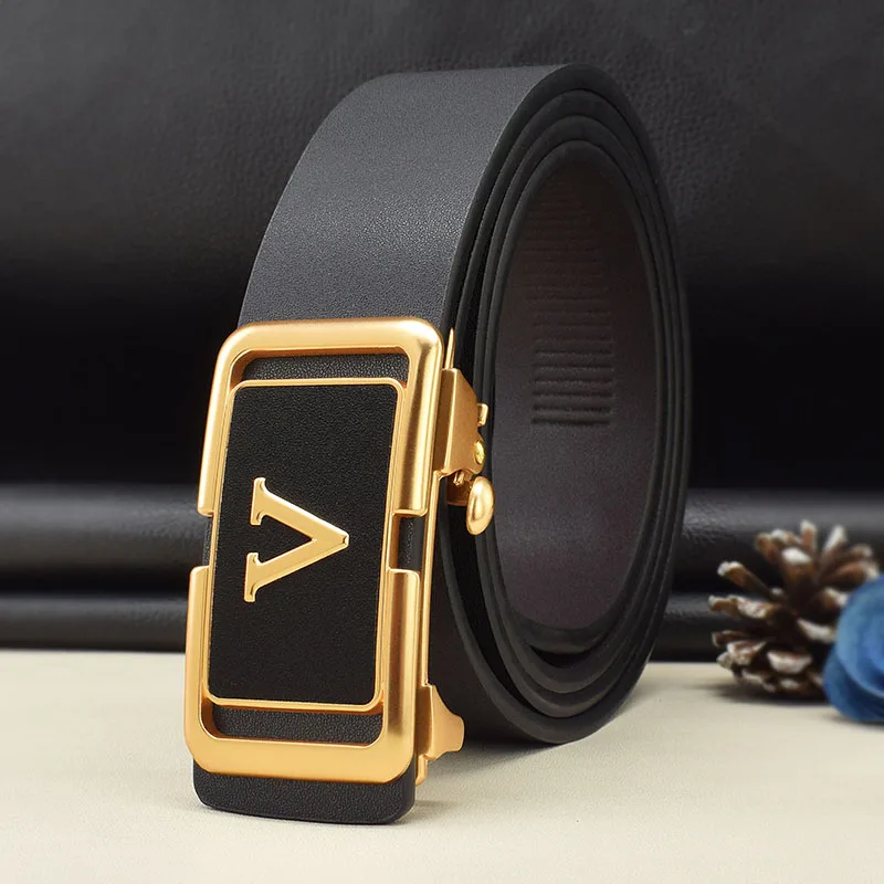 2023 New Men's V Leather Belt High Quality Automatic Buckle Luxury Famous Brand Black Fashion Designer Male Strap Ceinture Homme