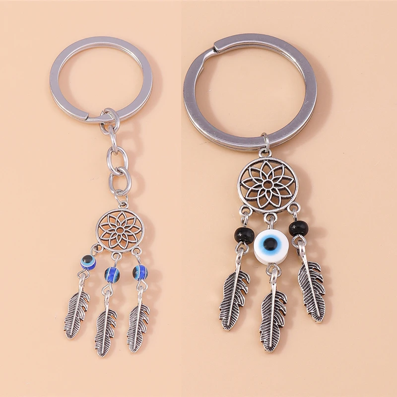 

Turkish Eye Dreamcatcher Keychain Indian Feather Key Rings for Women Men Antique Silver Metal Keyrings Pendant Jewelry Gift