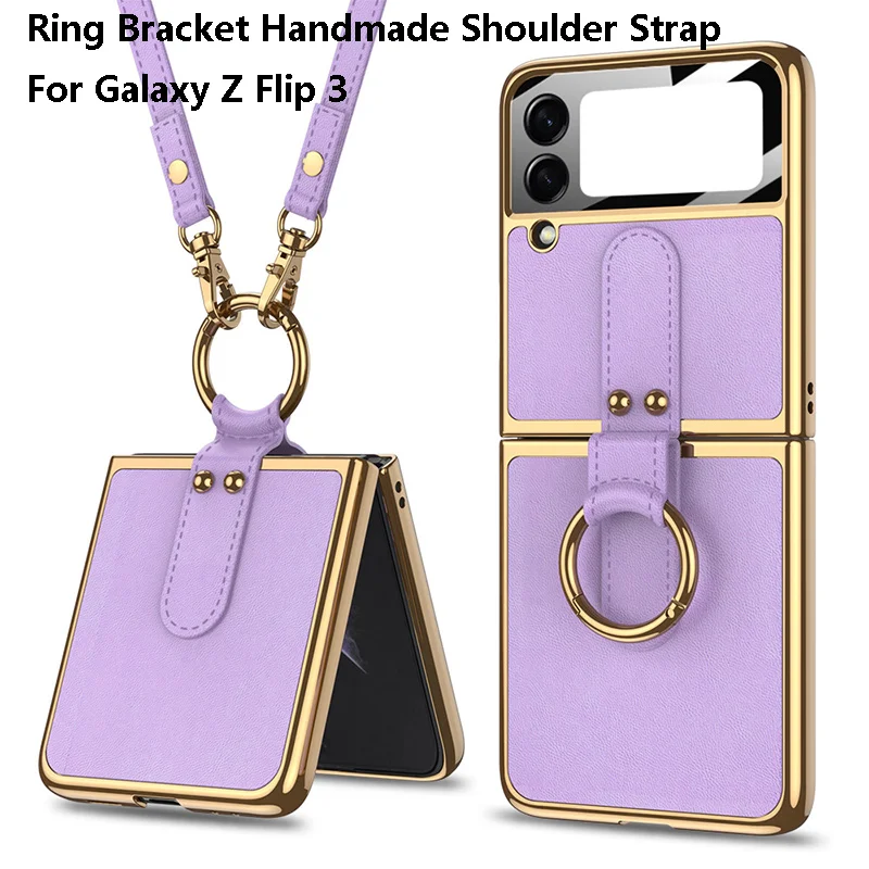 

Lanyard Strap Case For Samsung Galaxy Z Flip 3 5G Ring Holder Plating Frame Cover Protective Film coque for flip 3 flip3 funda