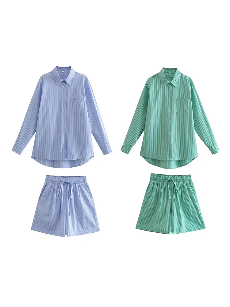 

Women Green Striped Loose Shirt And Shorts Matching Sets 2022 Office Lady Single Breasted Tops Elastic Waist Shorts 2 Pcs Set