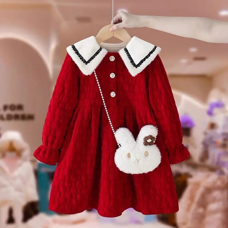 

Laura Kors 2023 Winter New Arrivals Girls Dress Long Sleeve Turn-down Collar Fleece Red Sweet Baby Girls Dress Vestidos 18M-6T