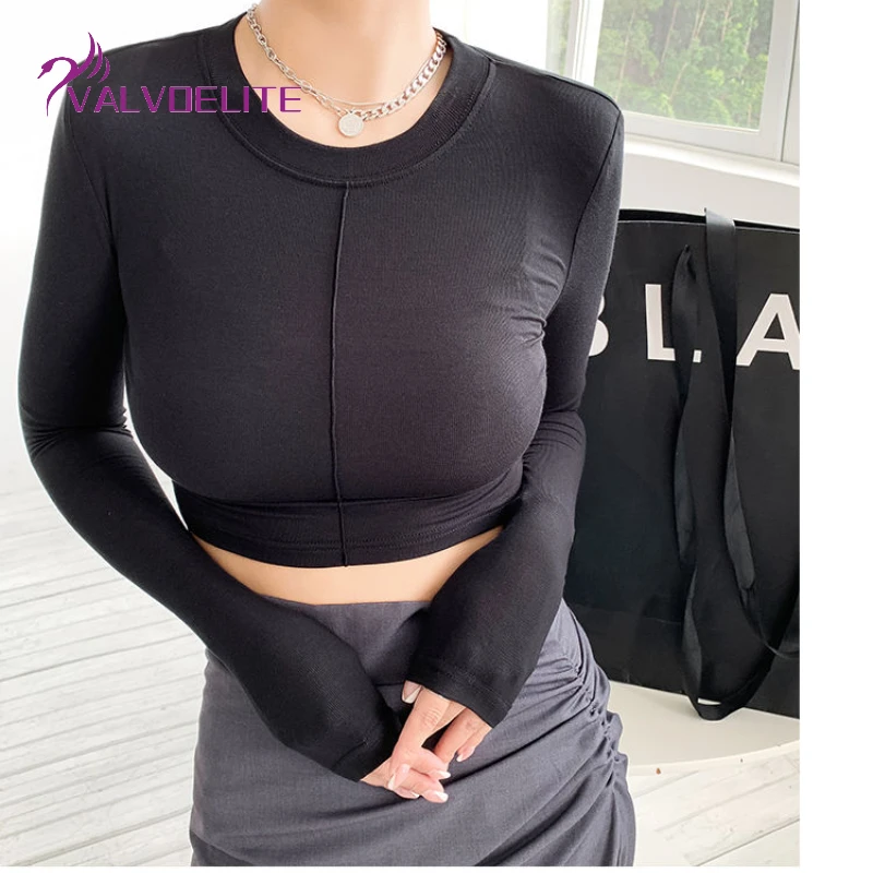 

Woman White Long-sleeved T-shirt 2022 Spring and Autumn New Bottoming Shirt with High Waist Short Tight Round Neck Pullover Top