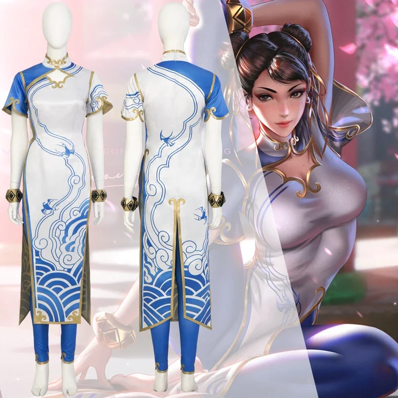 Игры костюмы для косплея Чунь ли на Хэллоуин ярко-голубое платье чонсам головной