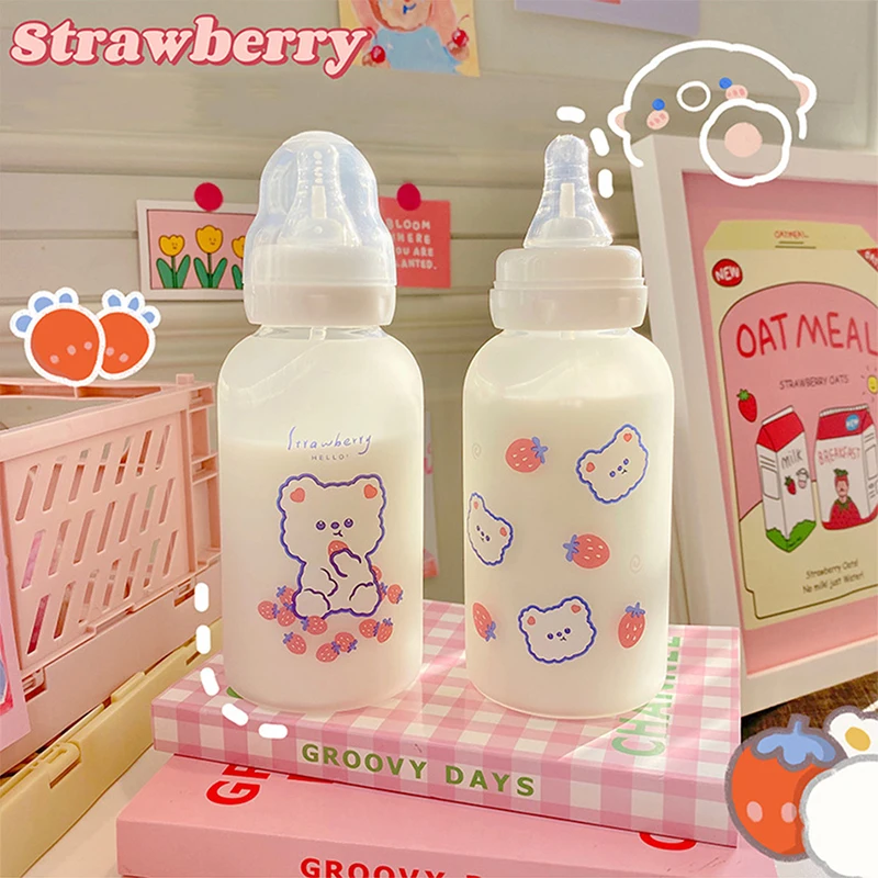 

Cute Cartoon Strawberry Bear Glass Pacifier Water Bottle Straw Cup For Adult pacifier Children Milk Frosted Baby Feeding Bottles