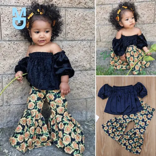 

New Baby Girl Clothing 2Pcs Set Off shoulder Tank Tops +Sunflower Bell Bottom Trouser Outfits Children Summer Clothes