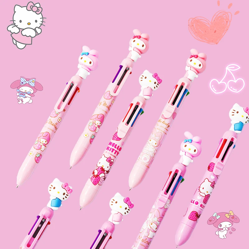 Kawaii Hellokitty Melody Multicolor Pen Sanrioed Stationery Student 6 Colors Anime School Supplies Cute BallPen Lovely Kids Gift