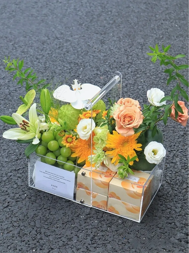 

22x12x10 см Акриловая Цветочная композиция портативная коробка прозрачные фрукты цветок торт коробка для хранения цветок для магазина цветов упаковочная коробка