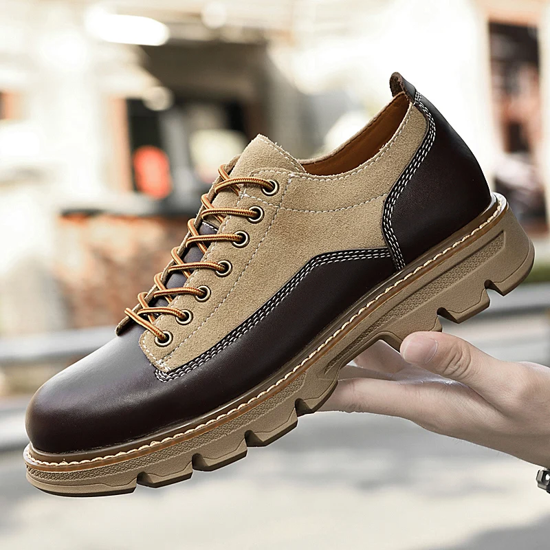 HIKEUP Walking Shoe For MenBritish Style Thick Bottom Work Shoes SNEAKER MAN Big Head Leather Shoes Winter MEN SHOE