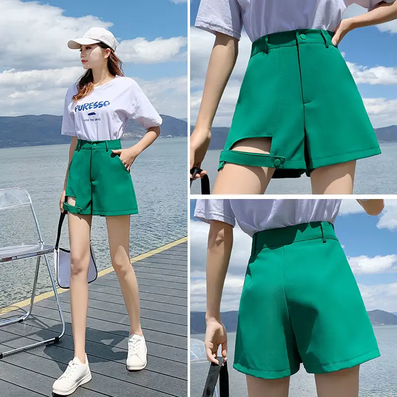 High Quality Women Casual High Waist Hollow Out Shorts Lady Loose Solid Color Green Black White Shorts 2023 New Summer