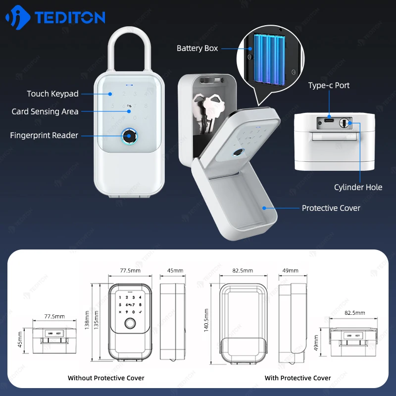 Tediton TTlock Candado Con Huella, цифровой сейф для ключей с отпечатками пальцев, защитный замок с ключом и кодовым замком (art.: 3920cd9c2e7fc) - 3920cd9c2e7fc