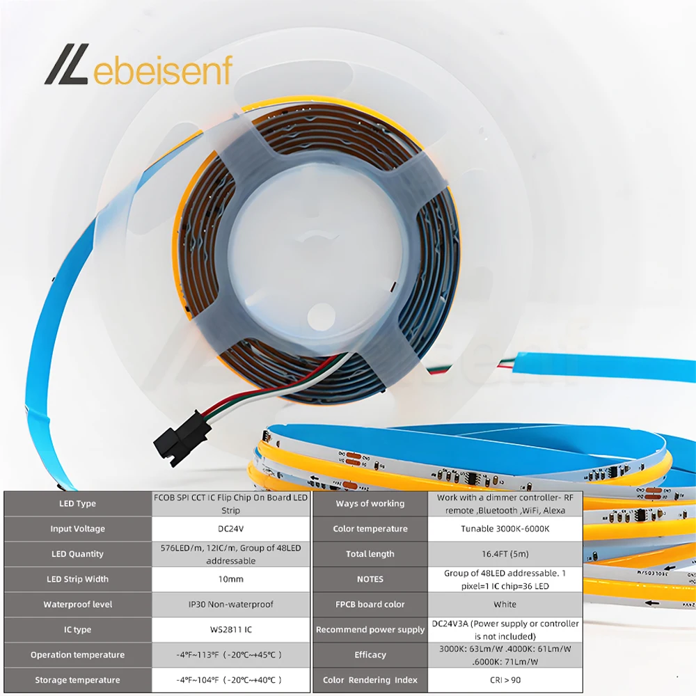 Фото RA90 FCOB SPI CCT IC Светодиодная лента WS2811 Адресные 576 светодиодов от 2700 К до 6500 К 10 мм 24 В постоянного тока Гибкие фонари FOB высокой плотности №2