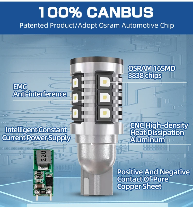 Фото T15 светодиодная лампа резервного света CANBUS без ошибок 3838 чип 16SMD для OSRAM 921 912 W16W стоп-сигнал резервный задний фонарь 12 В №2