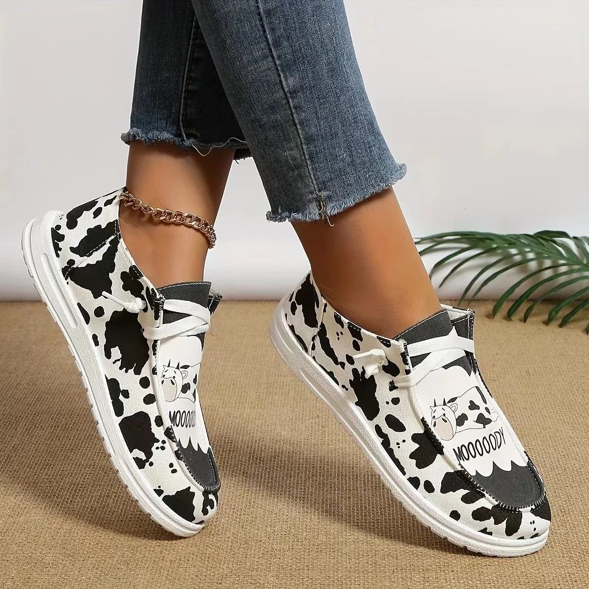 

Shoes Woman Flats Round Toe Casual Female Sneakers Dress Summer Big Size New Canvas PU Leisure Sewing Polka Dot Fabric Lace-Up R