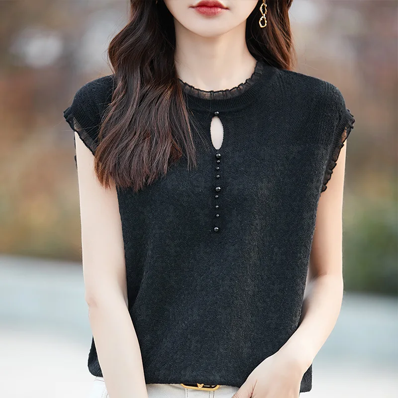 Милый нежный женский камвольный шерстяной топ французский кружевной пуловер с