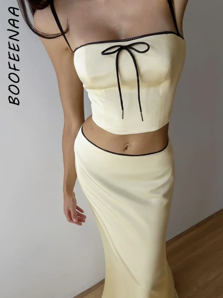 BOOFEENAA атласный комплект из двух предметов короткий топ и юбка макси сексуальные