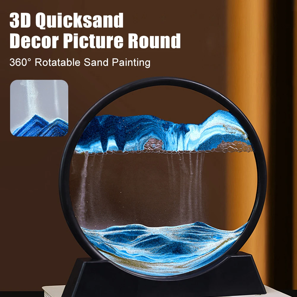 

3D Quicksand Decor Moving Sand Art Deep Sea Sandscape Flowing Sand Frame Rectangle Round Glass Home Office Decor 12Inch