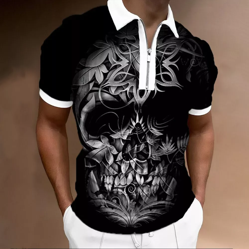 

Мужские рубашки поло S-5XL, лето 2022, хлопковый топ, рубашки поло с принтом черепа, мужские футболки с коротким рукавом, рубашки поло на молнии с ...