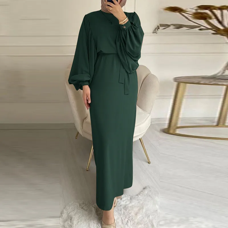 Maxi Dubai Abaya Robes Elegant Muslim Dress for Women Fashion Belted Party Solid Long Sleeve Turkey Plain Islamic  جلابيه نسائية