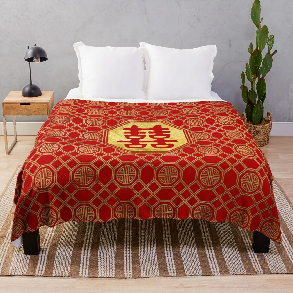 

Double Happiness Feng Shui Symbol Throw Blanket Hairy Synthetic Skin Blanket