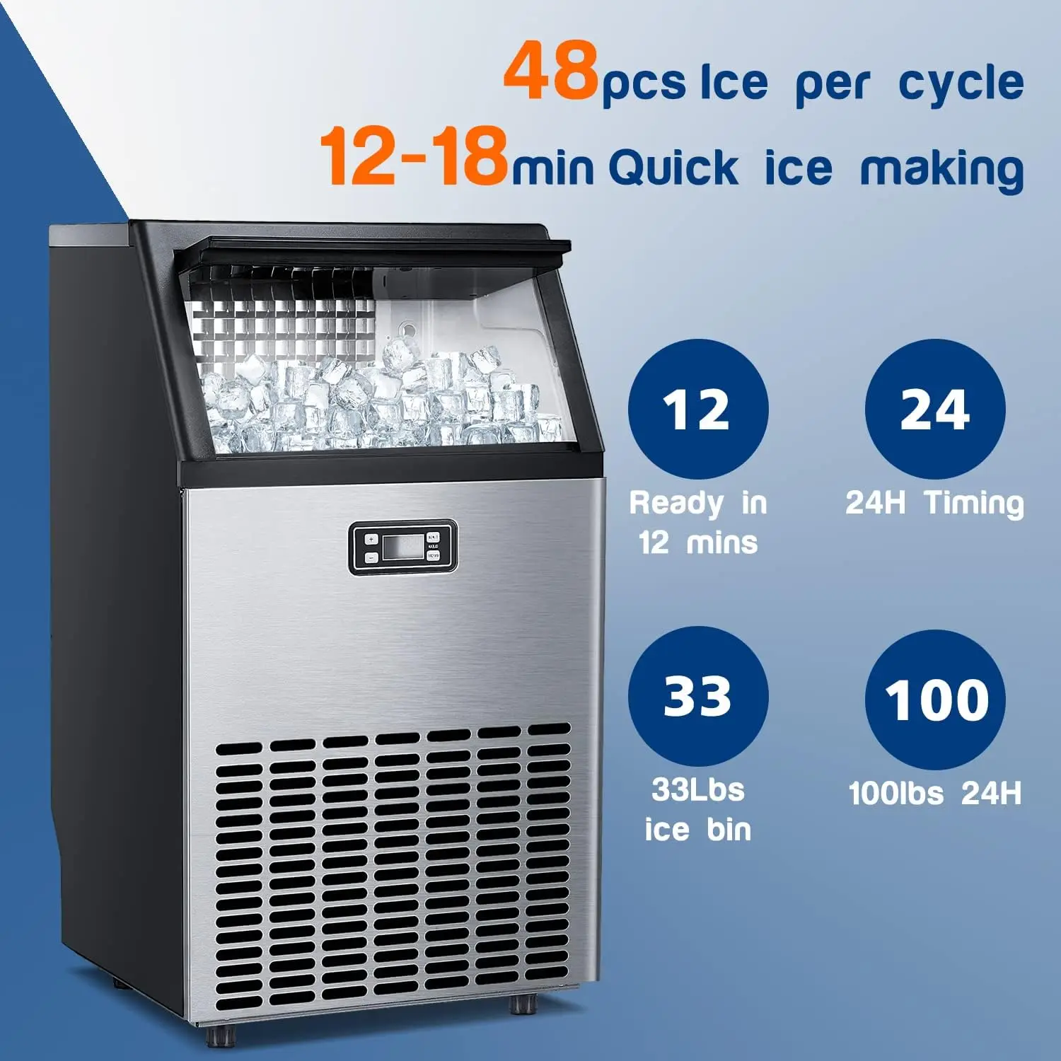 

Commercial Ice Maker, 100lbs/24H Ice Machine with 33lbs Ice Bin, Self-Cleaning Under Counter Stainless Steel Freestanding Ice Ma