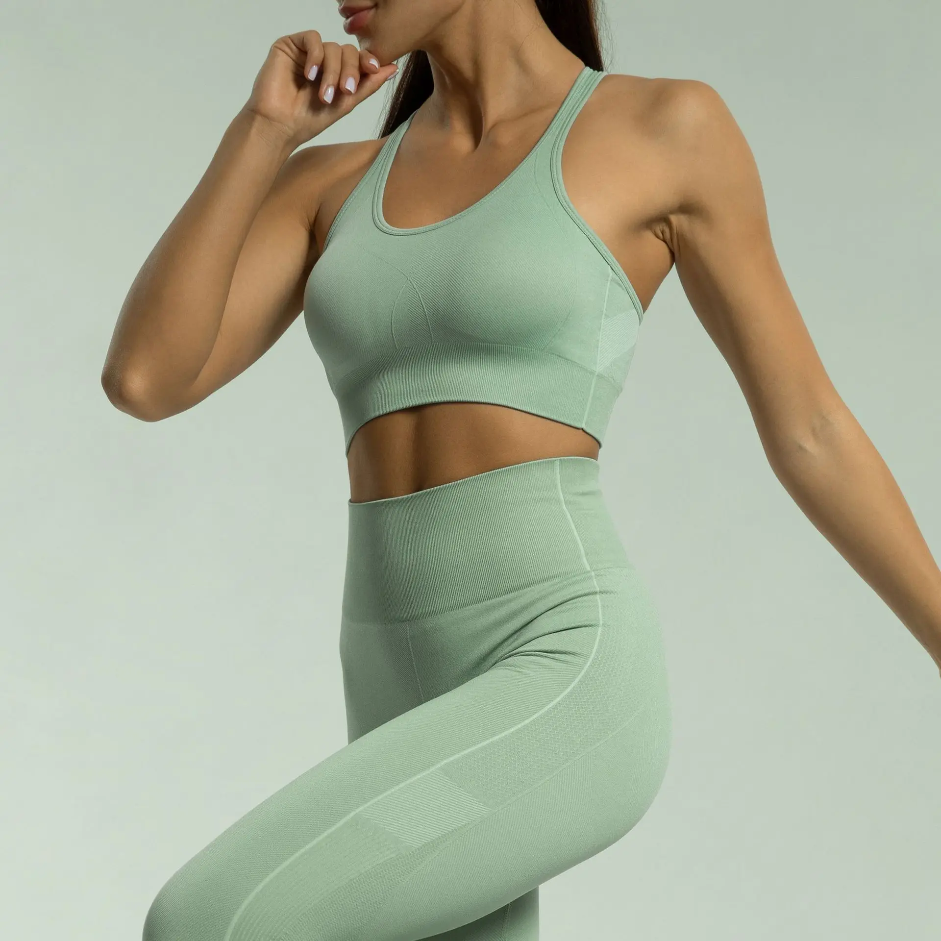 Seamless Yoga Suit Set Hollow Beautiful Back Sports Fitness Running Bra High Waist Yoga Pants Fitness Suit Women's Suit