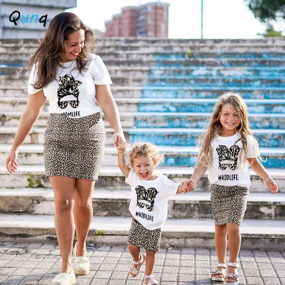 

Qunq Summer New Casual Parent-Child Clothes O Neck Print Pullover Top + Leopard Skirt 2 Pieces Set Mommy And Me Matching Outfits
