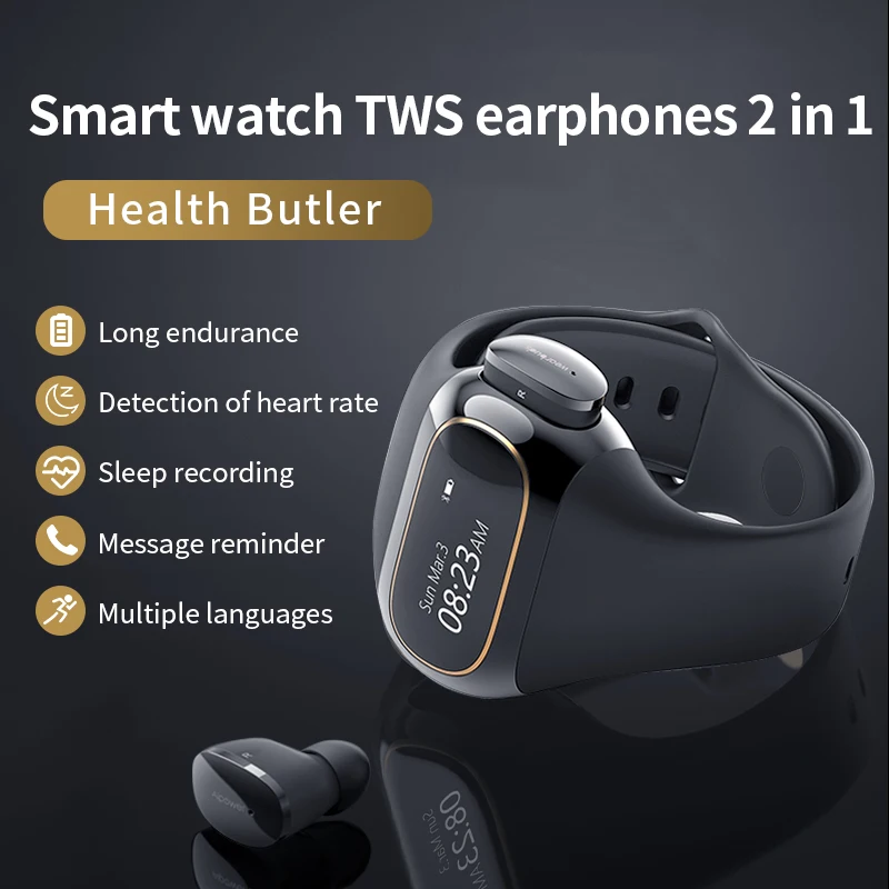 Смарт-часы Aipower, Bluetooth, беспроводные наушники, браслет 2 в 1, браслет для измерения пульса, фитнес-монитор, измеритель Wearbuds 20Lite - изображение