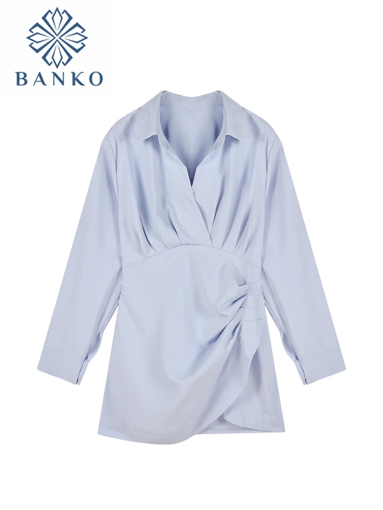 

Women Summer Elegant Ruched Solid Shirt Dress Fashion Casual Long Sleeve Solid V Neck Mini Vestidos Fashion Office Lady Dresses