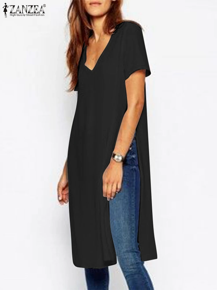 

ZANZEA Elegant High Split Tops Women Summer Blouse Casual Short Sleeve Blusas Female V Neck Tunic Chemise Oversized