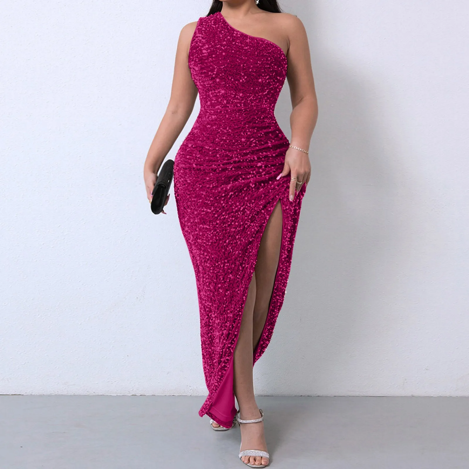 

One Shoulder Maxi Long Dresses Women Sparkling Sequin Backless Sexy Evening Party Dress Slim Ruched Summer Dress Vestidos