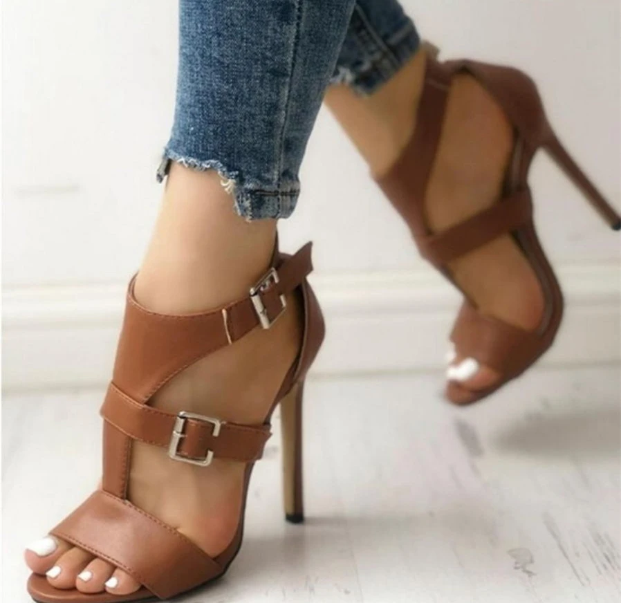 

Women Sandals Summer Gladiator Fine High Heels Leather Peep Toes Ankle Buckle Strap Woman Party Shoes Black Sandalia Mujer 2022