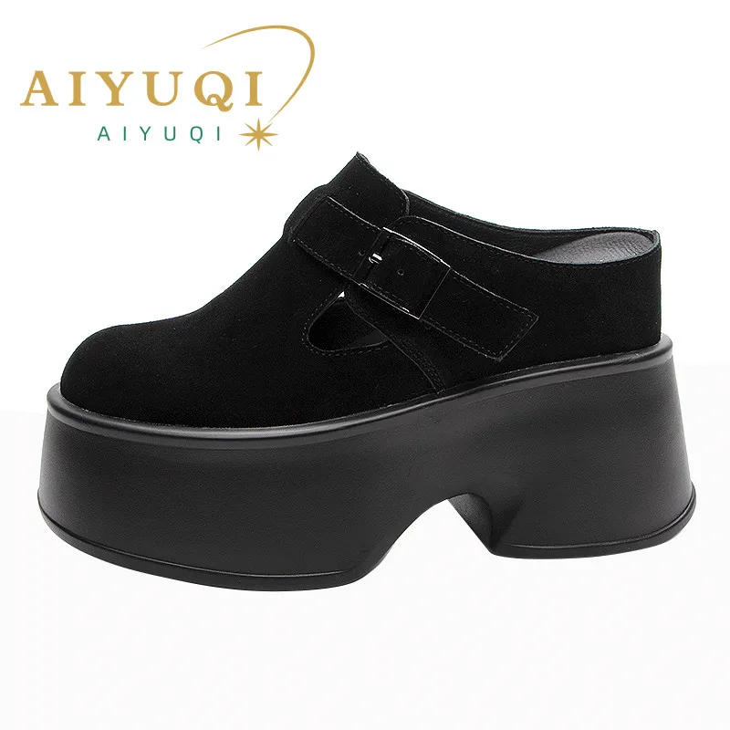 AIYUQI Women's Sippers 2023 Spring High-heel Platform Retro Women's Loafers Casual Square Toe Genuine Leather Mules For Ladies
