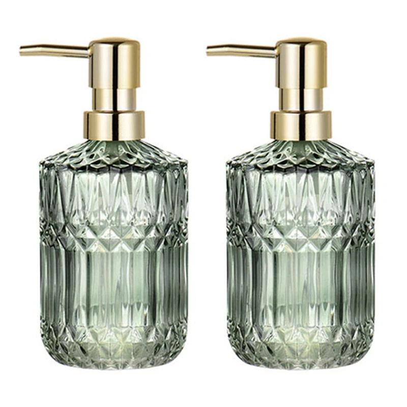 

2X 400Ml Soap Dispenser Chic Glass Refill Empty Bottle Home Hotel Bathroom Conditioner Hand Soap Shampoo Bottle-Green