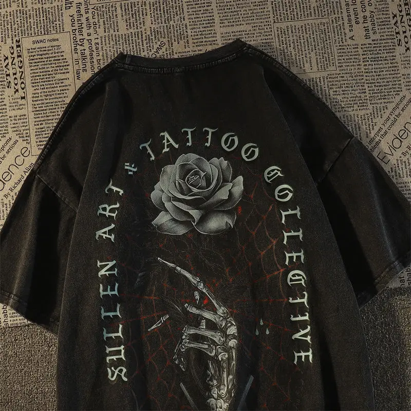 

Tide brand men and women loose and comfortable casual retro T-shirt rose wash print short-sleeved top Y2K