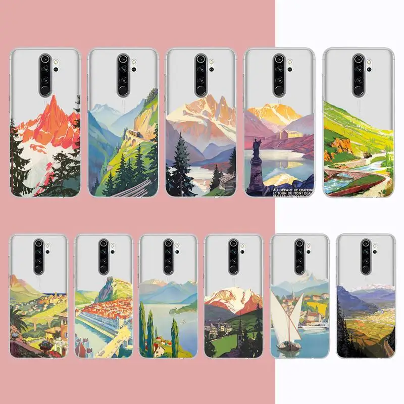 

Mountain Peak Lake Vintage Poster Phone Case for Xiaomi 10Pro 10T 11 12 for Redmi 5plus Note 7A 8 9 10 10t K20 pro Clear Case