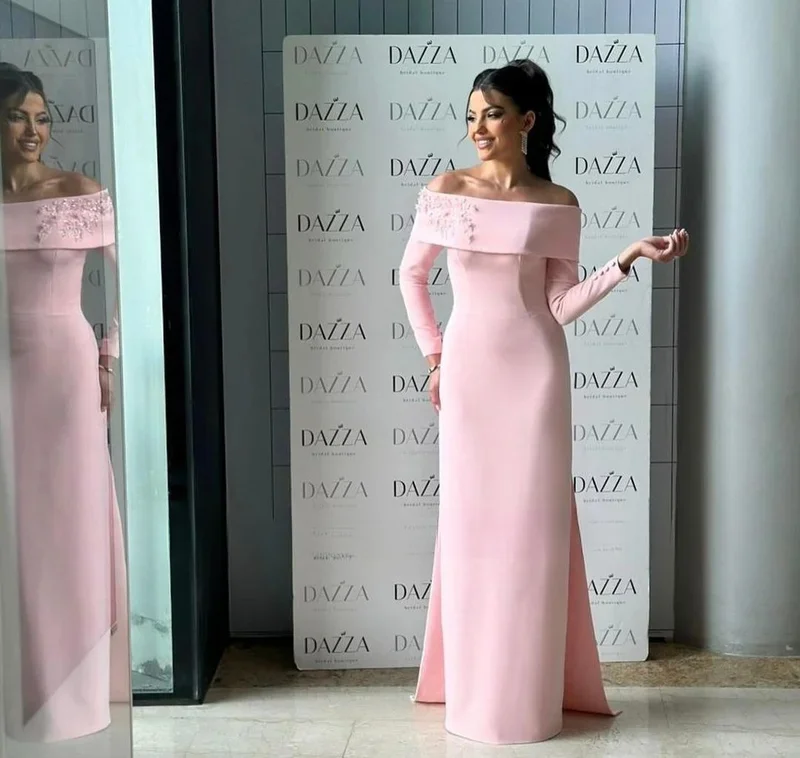 Saudi Arabia Crepe Satin Prom Dresses Off-Shoulder Dress Long Sleeves Evening Formal Women Wedding Party Gownscustomized