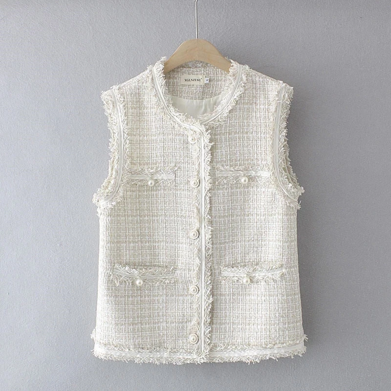 

Женский твидовый жилет на пуговицах, универсальный облегающий однотонный кардиган с жемчужинами, жилет на весну-осень, 2022