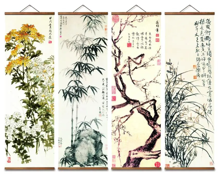 

MT0967 Chinese Style Plum orchid, bamboo and chrysanthemum Canvas Decorative Wall Art Posters Solid Wood Scroll Paintings